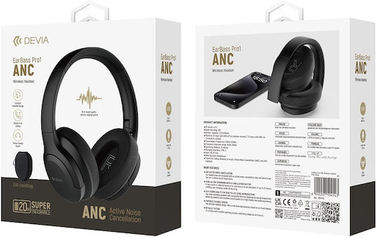 Devia EarBass Pro1 Безжични / Жични Over Ear Слушалки с 20 часа Работа Черни