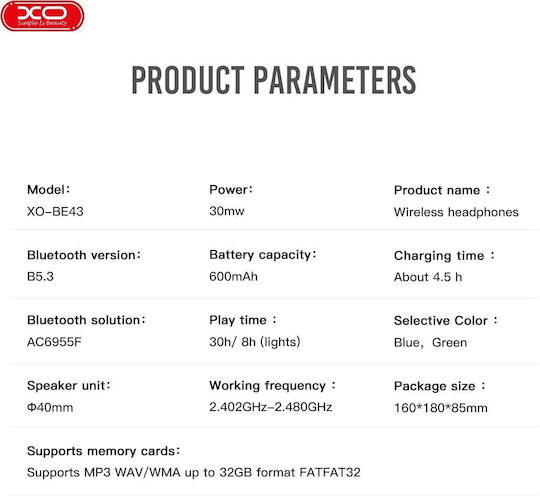 XO BE43 Wireless / Wired Over Ear Headphones with 4.5 hours of Operation Blue