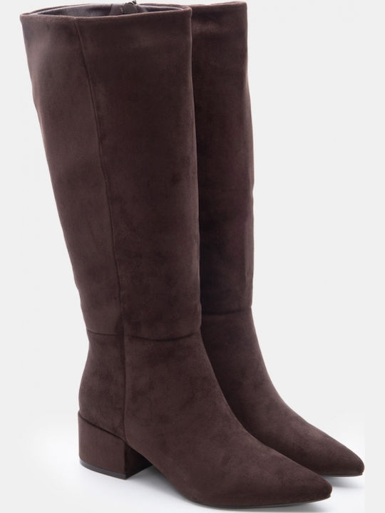 Suede Women's Boots with Mid Heel Brown