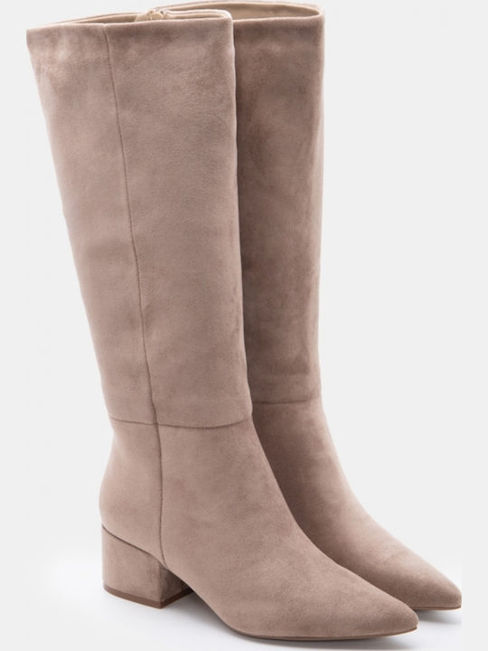 Suede Women's Boots with Mid Heel Beige