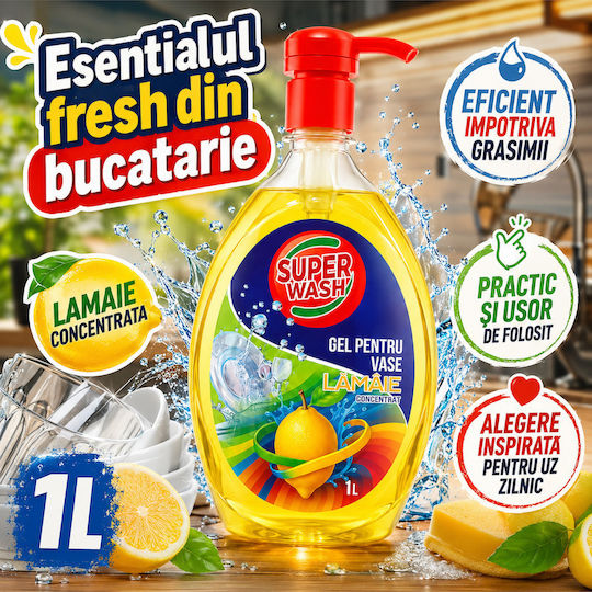 Super Wash Detergent Concentrat Lichid De Spălat Vase Glicerină Lămâie 1 L