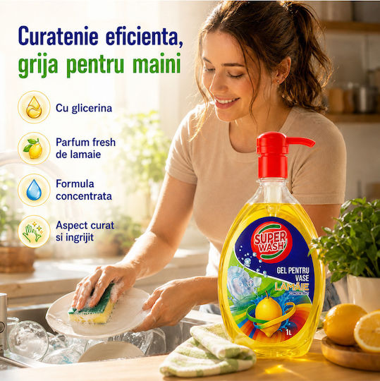 Super Wash Detergent Concentrat Lichid De Spălat Vase Glicerină Lămâie 1 L