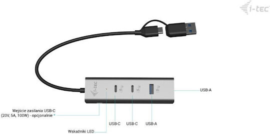 i-tec USB Хъб 4 Порта USB 2.0 с USB-C Връзка Сребрист