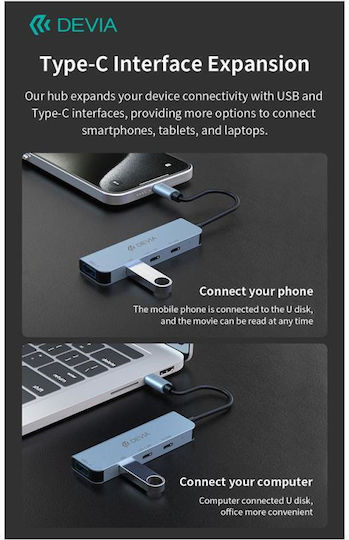 Devia 4-Port USB 3.0 Hub with USB-A Connection Gray