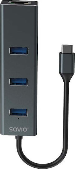 Savio AK-57 Hub USB 3 Porturi USB 3.1 cu Conectare USB-C Ethernet Gri