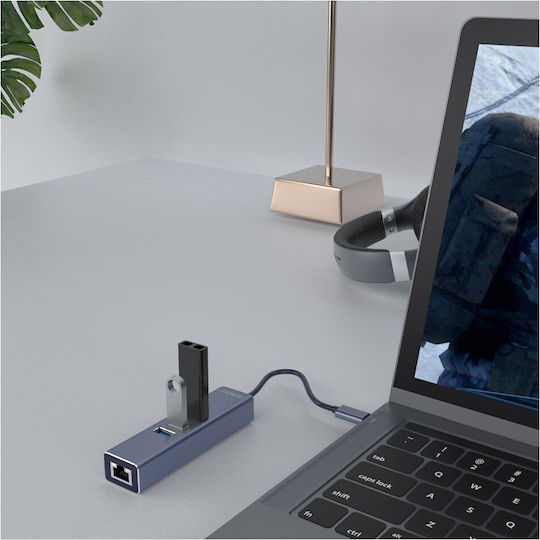 Savio AK-57 Hub USB 3 Porturi USB 3.1 cu Conectare USB-C Ethernet Gri