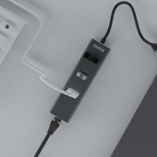 Savio AK-57 Hub USB 3 Porturi USB 3.1 cu Conectare USB-C Ethernet Gri