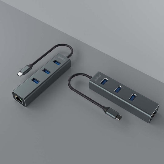 Savio AK-57 Hub USB 3 Porturi USB 3.1 cu Conectare USB-C Ethernet Gri