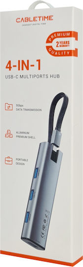 Cabletime CT-HUBP4 USB-Hub 4 Anschlüsse USB 3.0 mit USB-C Verbindung Grau