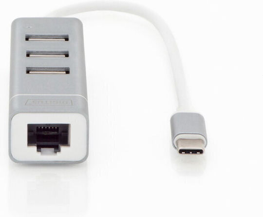 Digitus Hub 3 Θυρών USB 2.0 με σύνδεση USB-C / Ethernet Λευκό