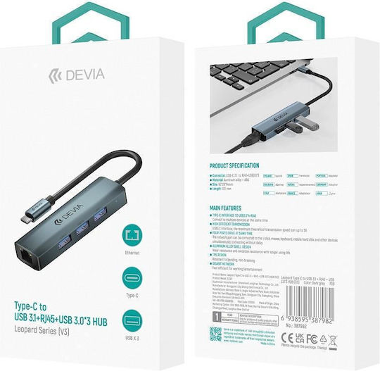 Devia 4-Port USB 3.0 Hub with USB-C Connection Gray