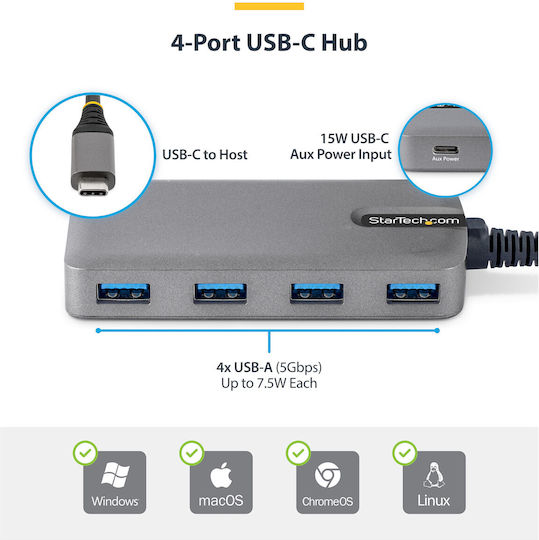 StarTech Hub 4 Θυρών USB 2.0 με σύνδεση USB-C Γκρι
