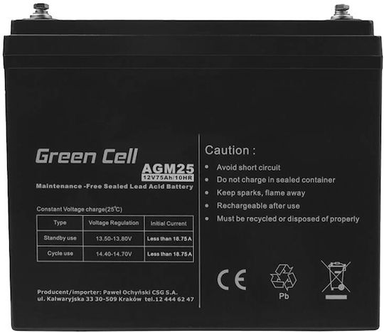 Green Cell Батерия UPS с Капацитет 75Ах и Напрежение 12V AGM25 1бр