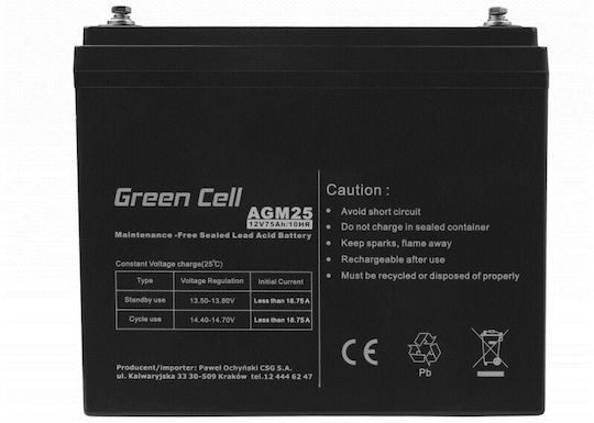 Green Cell Батерия UPS с Капацитет 75Ах и Напрежение 12V AGM25 1бр