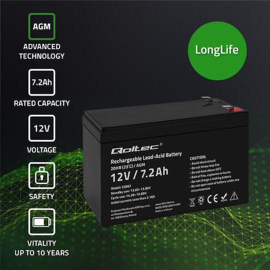 Qoltec UPS Battery with Capacity 7.2Ah and Voltage 12V 53062 1pcs