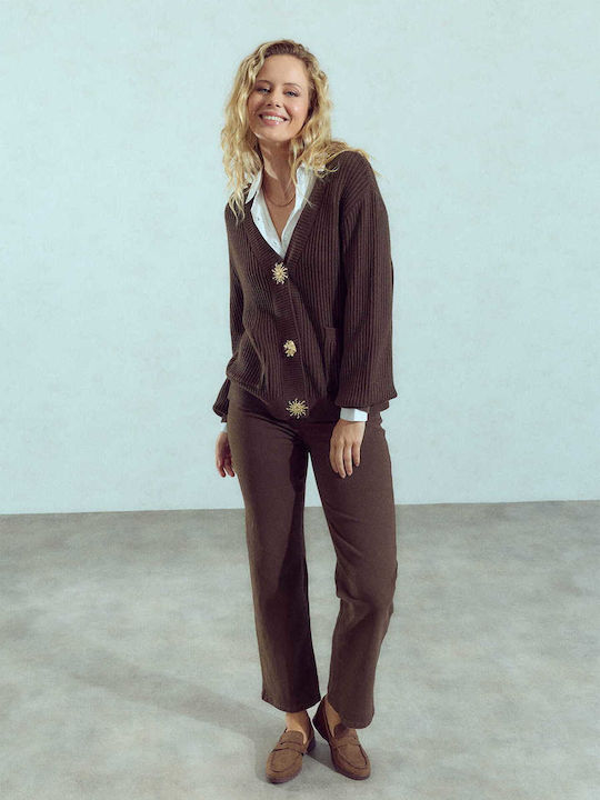 Celestino Women's Knitted Ribbed Cardigan With Metallic Details Loose Fit Brown