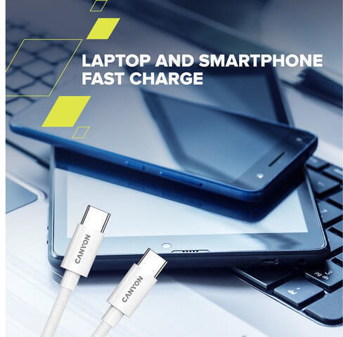 Canyon Плетен USB 2.0 Кабел USB-C Мъжки - USB-C 100W Захранване (PD) Бял 1.2м CND-CC100AB12W