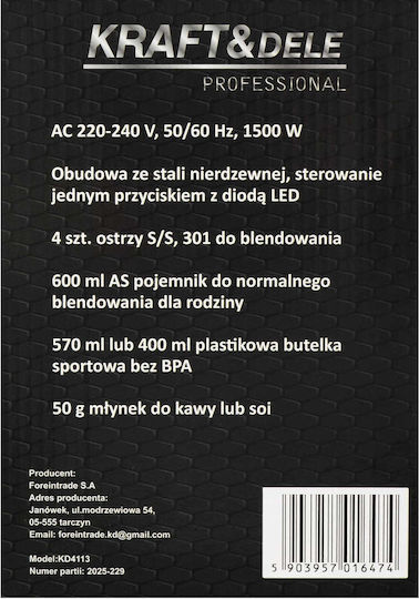 Kraft & Dele Μπλέντερ με Πλαστική Κανάτα 570 ml 1500W Γκρι KD4113