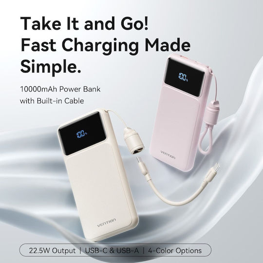 Vention XGY39 Външна батерия 10000mAh 22.5W с USB-A порт и USB-C порт Power Delivery / Бързо зареждане Розов