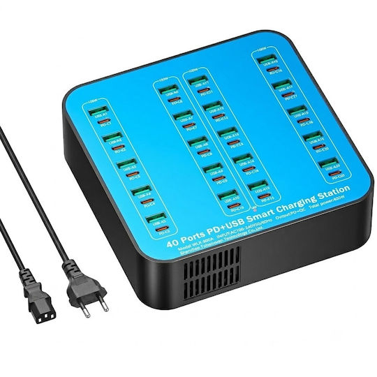 База за Зареждане с 20 USB-A Изходни Порта и 20 USB-C Изходни Порта 400W Power Delivery / Quick Charge 3.0 в Син Цвят (A-075)