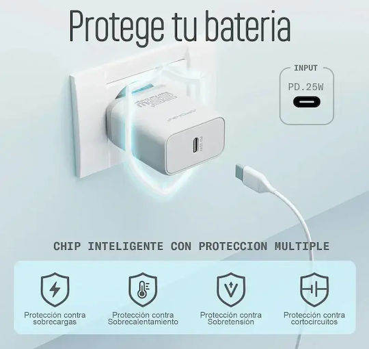 Apokin Φορτιστής με Θύρα USB-C και Καλώδιο USB-C - USB-C 25W Power Delivery Λευκός