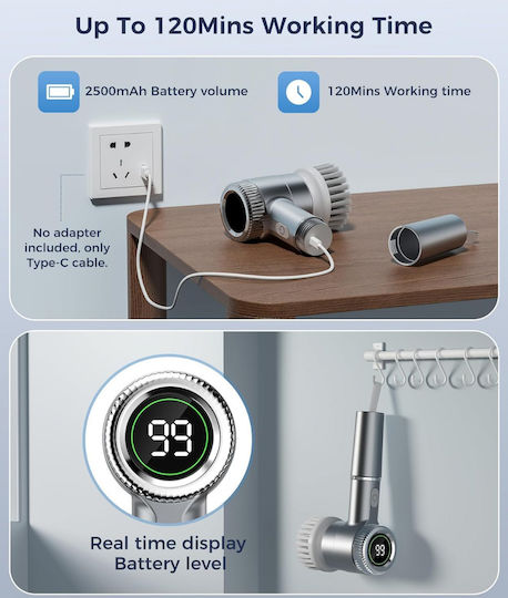 Electric Cleaning Brush Various Surfaces Zola 5 Heads Included Lcd Display Usb Charging Plastic Waterproof Gray
