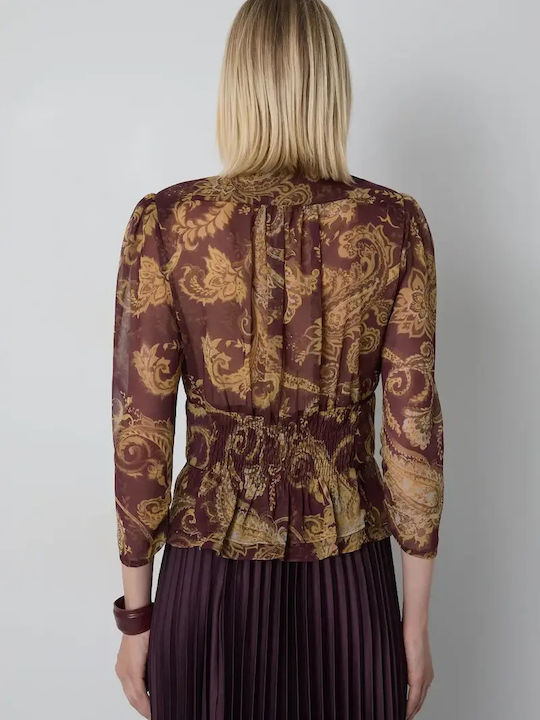 Women's Long Sleeve Blouse with V-Neck Burgundy