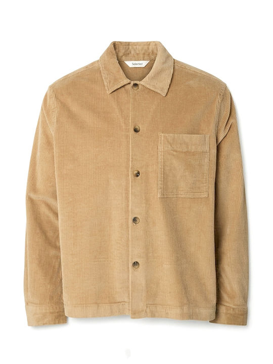 Μακρυμάνικo Κοτλέ Overshirt σε Κανονική Γραμμή Camel
