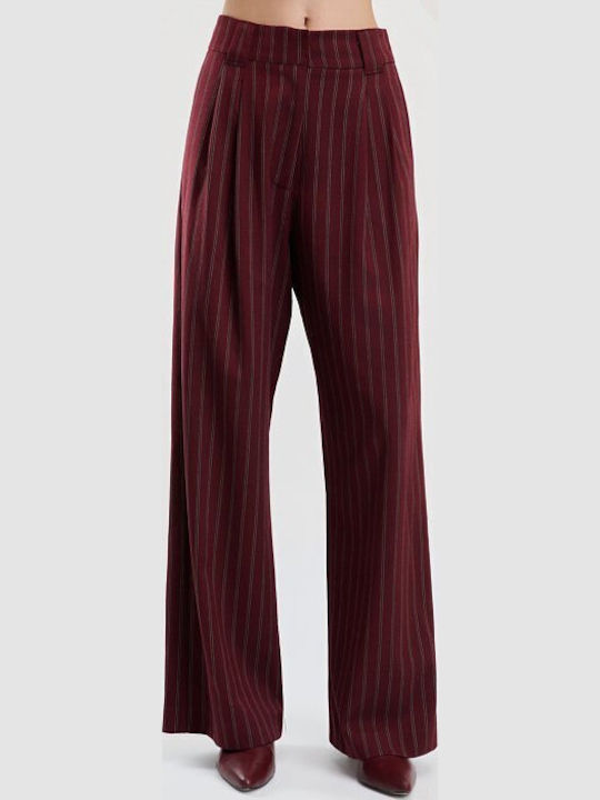 Damen Hochbund Pantaloons in Schlank Passform Gestreift Burgundisch