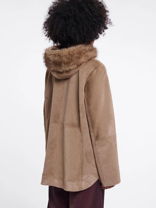 Women's Toffee Coat with Hood & Fur Details