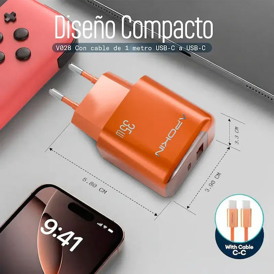 Apokin Charger and Cable USB-C - USB-C 35W Power Delivery Orange (U028)