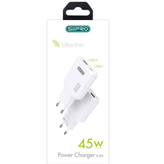SiiPro Wireless Charger with USB-A Port and USB-C Port 45W Power Delivery / Quick Charge 3.0 White (SD-203W)