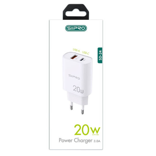 SiiPro Φορτιστής Χωρίς Καλώδιο με Θύρα USB-A και Θύρα USB-C 20W Power Delivery Λευκός