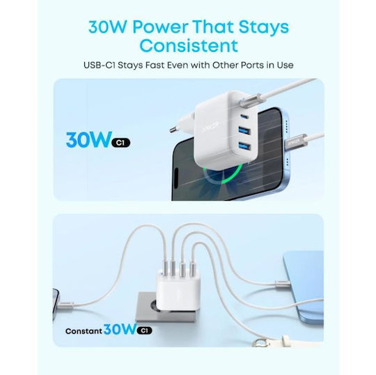 Anker Charger with Built In Cable with 2 USB-A Ports and 2 USB-C Ports 50W Power Delivery White