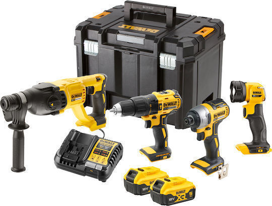 DEWALT DCK440P2T Комплект Дрелка, Ударна Дрелка, Перфоратор и Фенер Безчетков 18V с 2 Батерии 5Ah и Куфар