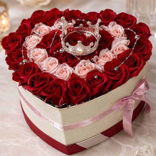 Aranjament Floral Regal 35 Trandafiri De Săpun Coroană Regală Accesorii Cu Perle În Cutie În Formă De Inimă Roșu-Roz