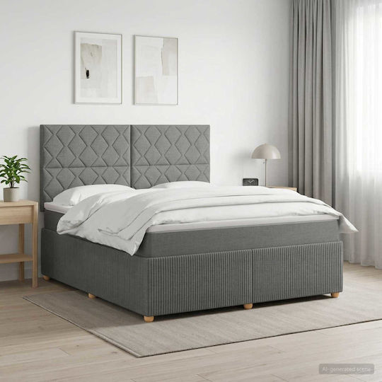 Pat King Size Tapițat cu Material Gri Închis cu Plăci și Saltea 190x190cm