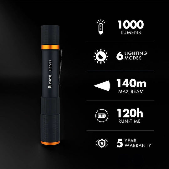 Uniross Rechargeable LED Flashlight IP44 with Maximum Brightness 1000lm