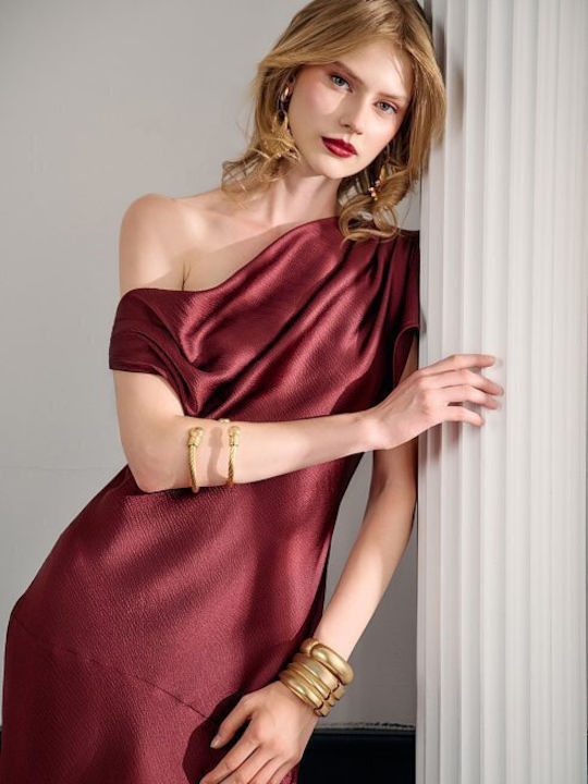 Summer Maxi Evening Satin Drape Dress Burgundy