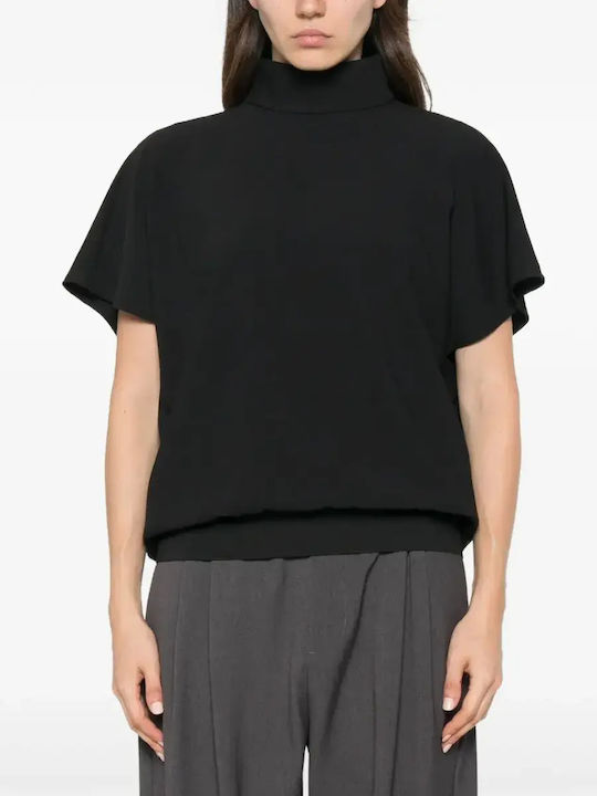 Bluza Damă Bumbac Mâneci Scurte Cu Guler Înalt Negru