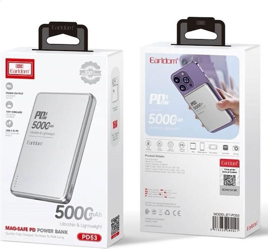 Earldom ET-PD53 MagSafe Power Bank 5000mAh 15W Power Delivery Ασημί