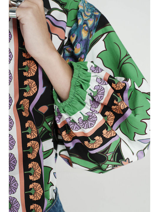Long Sleeve Women's Shirt Green Floral