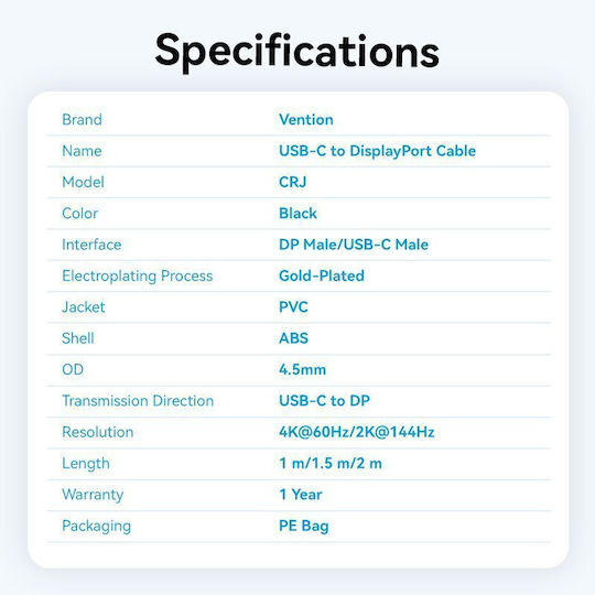 Vention Конвертор USB Type-C Кабел За DisplayPort Мъжки 4k60hz 1.0м Crjbf