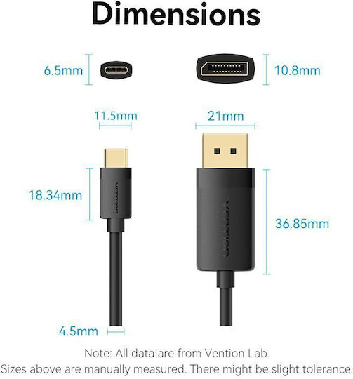 Vention Конвертор USB Type-C Кабел За DisplayPort Мъжки 4k60hz 1.0м Crjbf