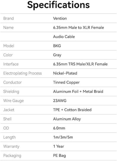 Vention Audio 6.3mm To Xlr M-f Cable Braided-metal 1.0m Bkghj