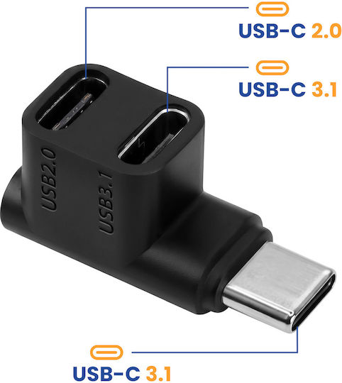 Avizar Мини двоен USB-C сплитер под прав ъгъл 90° 100W зареждане 4K 10Gbps черен