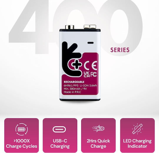 Uniross Usb-c Rechargeable Lithium 9v Battery 400mah 1pc