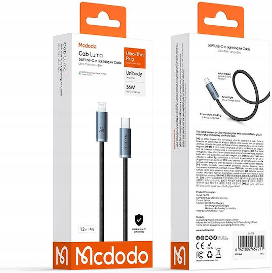 Mcdodo Cablu Lightning Usb-C Încărcare Rapidă Usb Tip C 36W 1M Led Negru