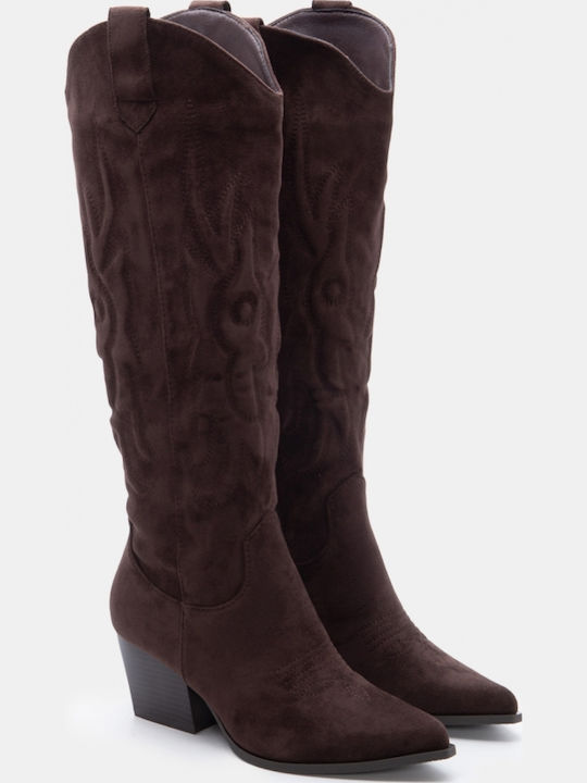 Suede Women's Boots Cowboy with Mid Heel Brown