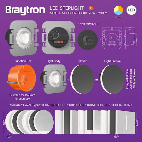 Braytron Стенни Външни Осветителни Тела LED IP20 2W с Регулируемо Бяло Светлина 7.18x7.18x4.16см